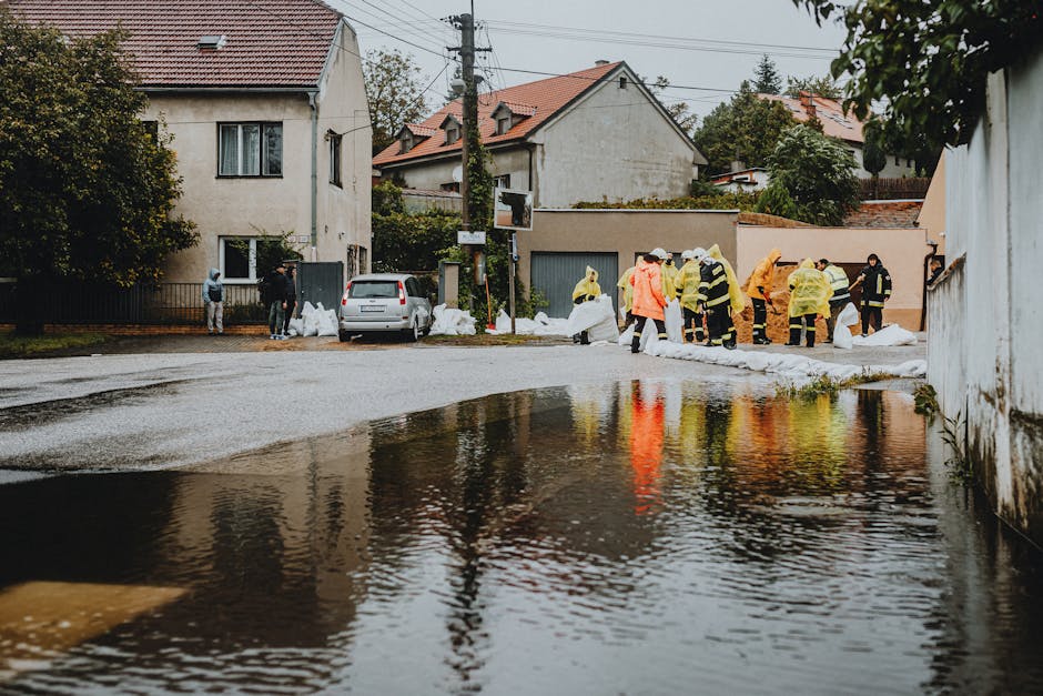 A group of emergency responders and cleaning professionals from Deep Cleaning Putney are working on a residential street in Putney, where a flood has caused water to pool on the road and enter nearby homes. The responders are wearing high-visibility jackets and protective gear while inspecting and managing the water damage. In the background, there are residential houses with tiled roofs, some with damp walls, and vehicles parked along the street. The scene includes waterlogged pavement and patches of wet concrete, with damp surfaces reflecting the overcast sky. Tools and sandbags are visible, indicating active flood mitigation and cleanup efforts. The image captures a collaborative effort to undertake emergency flood and mould cleanup, highlighting the importance of professional deep cleaning and surface sanitisation for affected Putney properties.