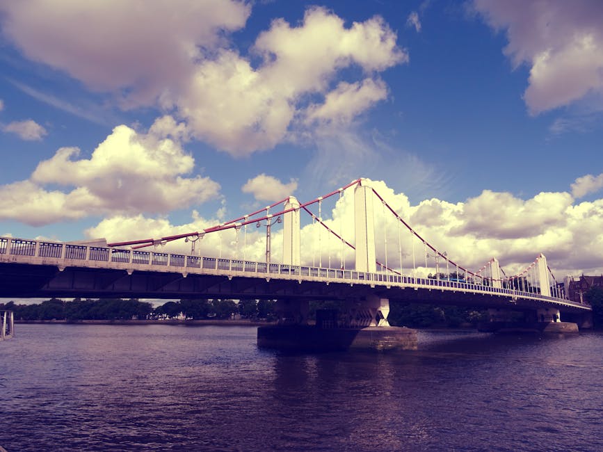 A cityscape view featuring a river with a large bridge spanning across it, set against a skyline of modern high-rise buildings and construction cranes under a partly cloudy sky. In the foreground, par