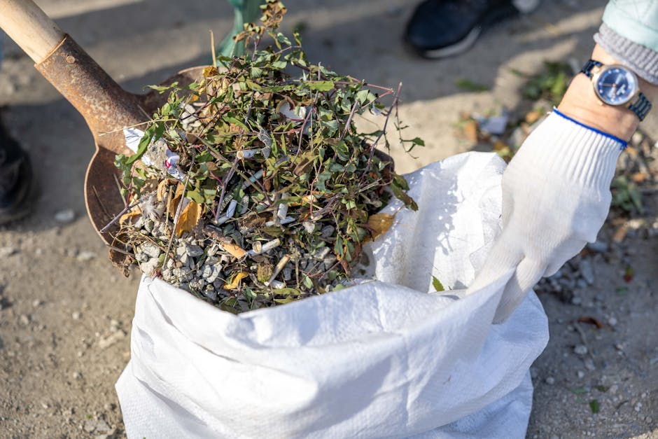 A person using a shovel to place garden waste, including twigs, leaves, and small branches, into a large white recyclable bag on a paved outdoor surface. The individual is wearing a white glove and a wristwatch, and the background shows the ground with dirt and scattered plant debris. This scene demonstrates garden cleaning and waste collection, emphasizing proper waste management practices related to garden maintenance, as per Wandsworth Council rules. Deep Cleaning Putney specializes in domestic and commercial cleaning, including garden waste removal and surface cleaning, ensuring hygiene and well-maintained outdoor spaces.